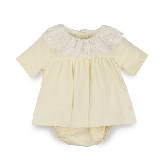 Baby Girls Lemon Two Piece Outfit with Broderie Frill Collar – 100% Cotton