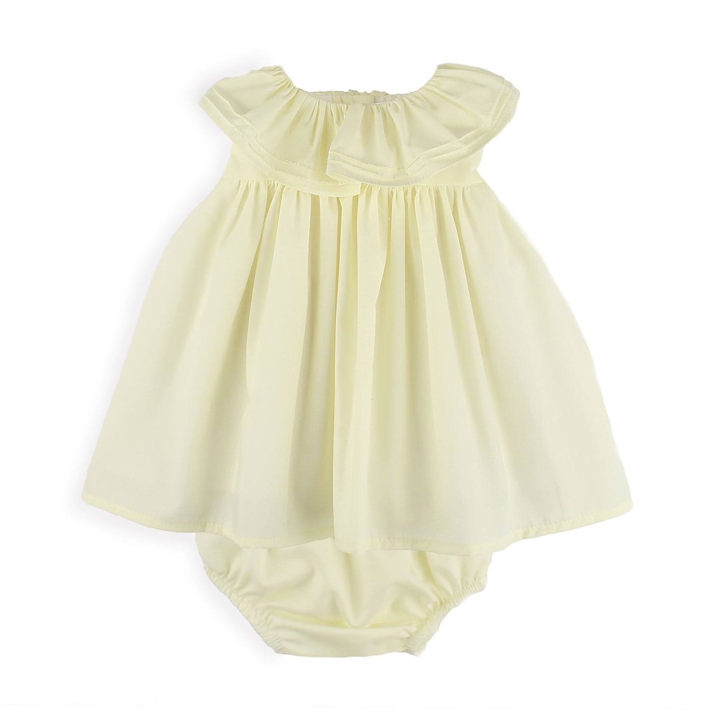 Yellow baby romper with ruffled top on a white background