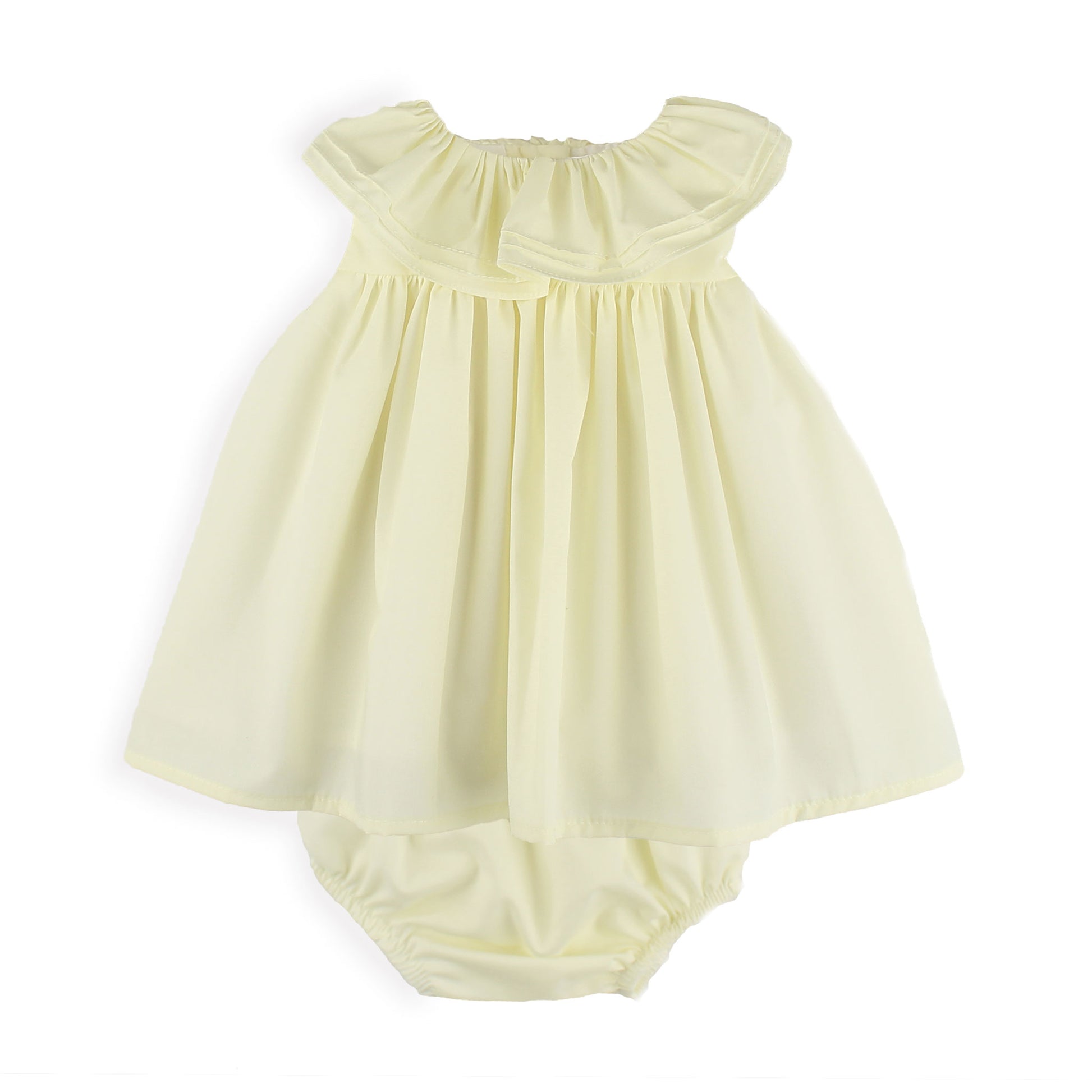 Yellow baby romper with ruffled top on a white background