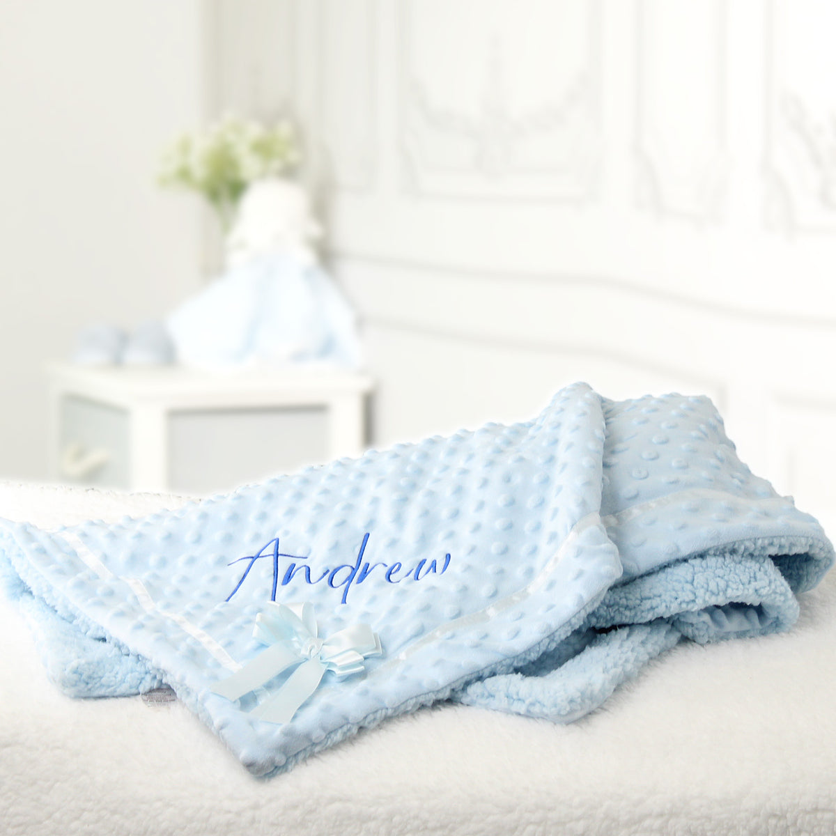 Personalised Blue Dimple Bow Blanket with Bow