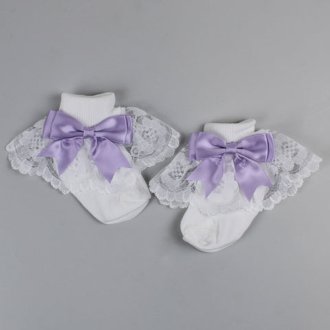 baby girls white ankle socks with lilac satin bow