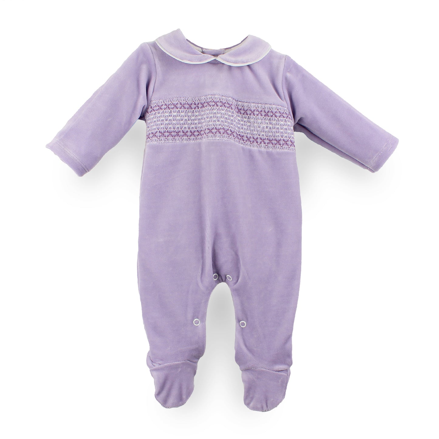 Lilac Velour Baby Sleepsuit with Smocked Detail