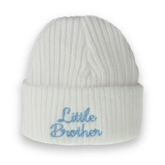 White beanie with 'Little Brother' embroidered in blue on a white background