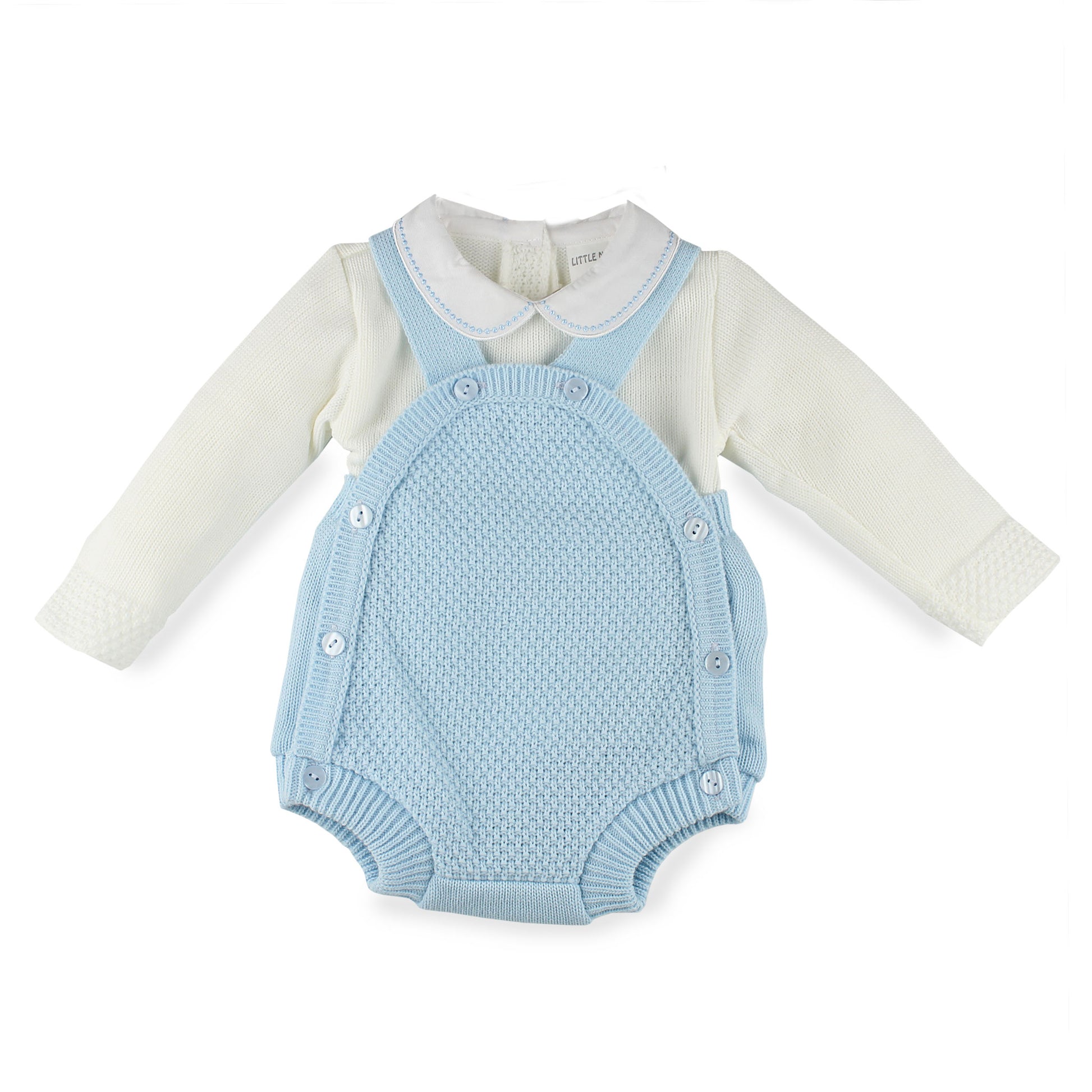 Light blue knitted romper with white shirt on a white background