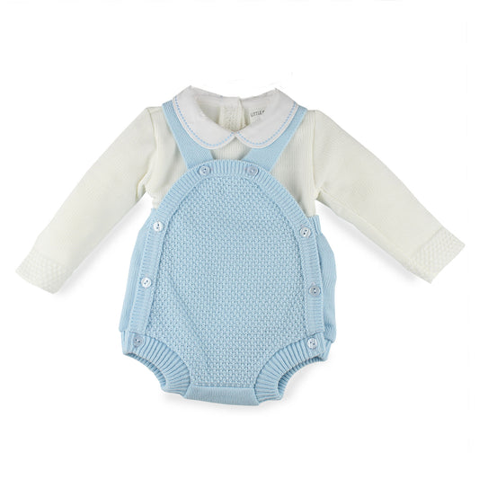 Light blue knitted romper with white shirt on a white background