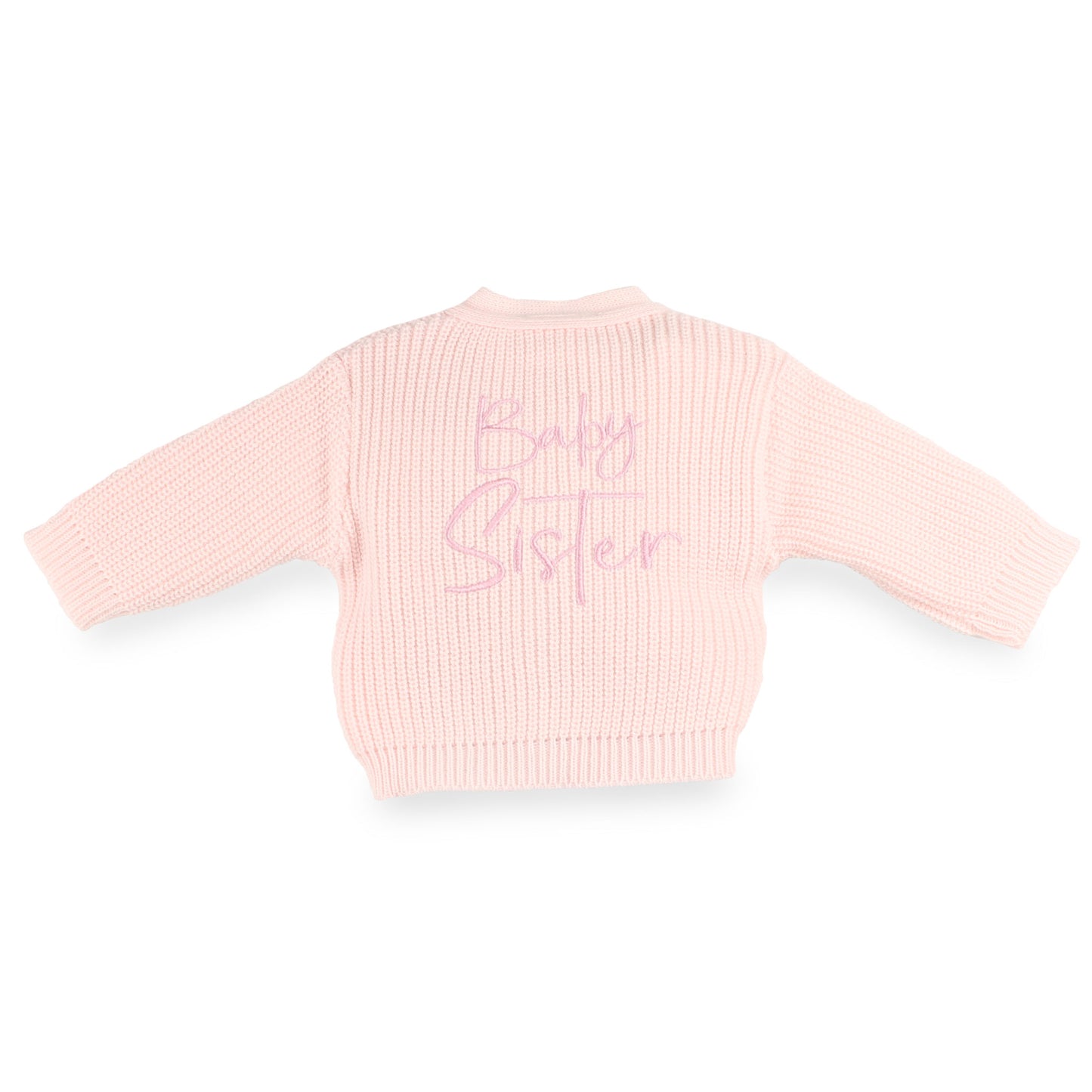 Pink Dandelion knitted baby cardigan with exclusive Baby Sister embroidery, made in Portugal and embroidered at Lullaby Lane Baby Shop.