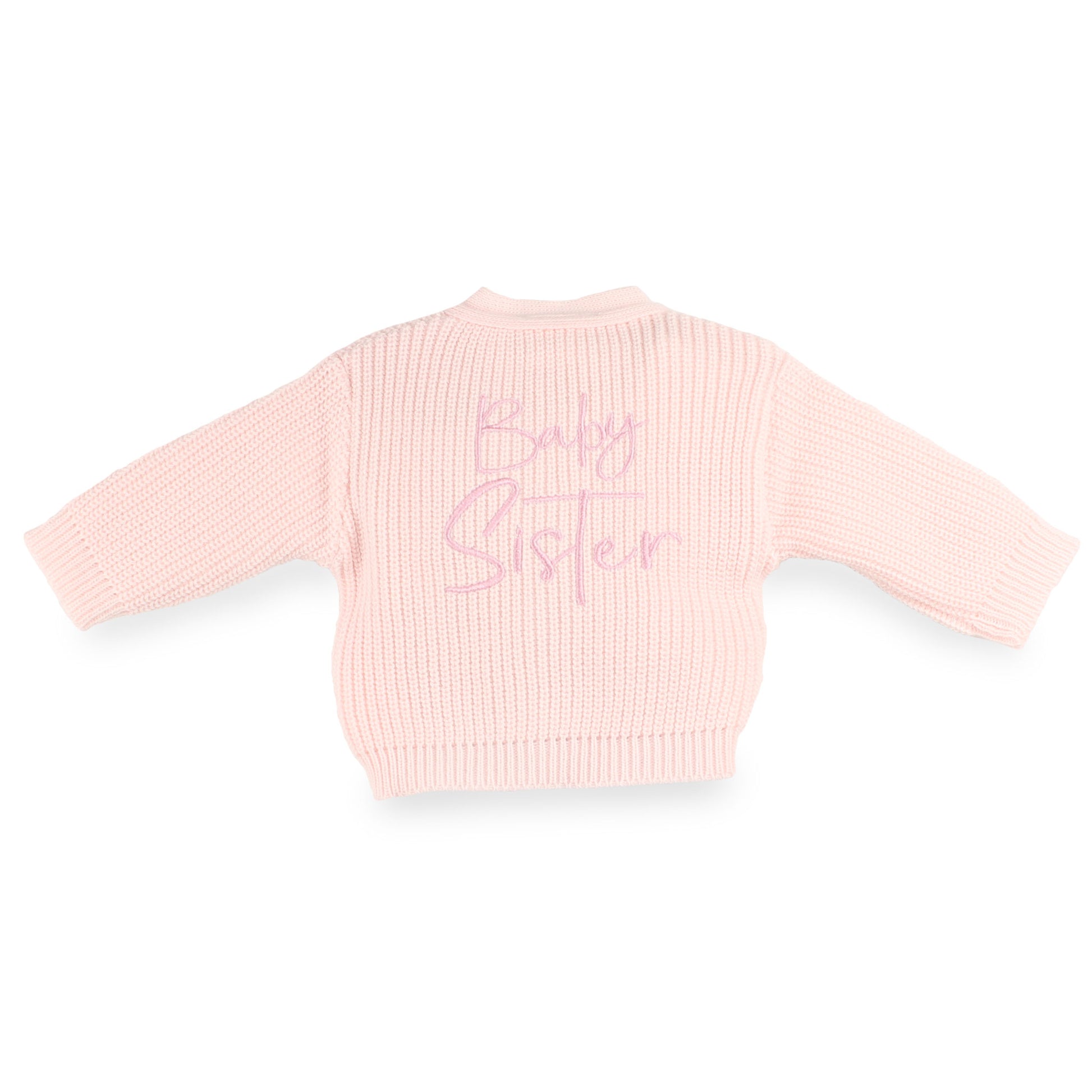 Pink Dandelion knitted baby cardigan with exclusive Baby Sister embroidery, made in Portugal and embroidered at Lullaby Lane Baby Shop.