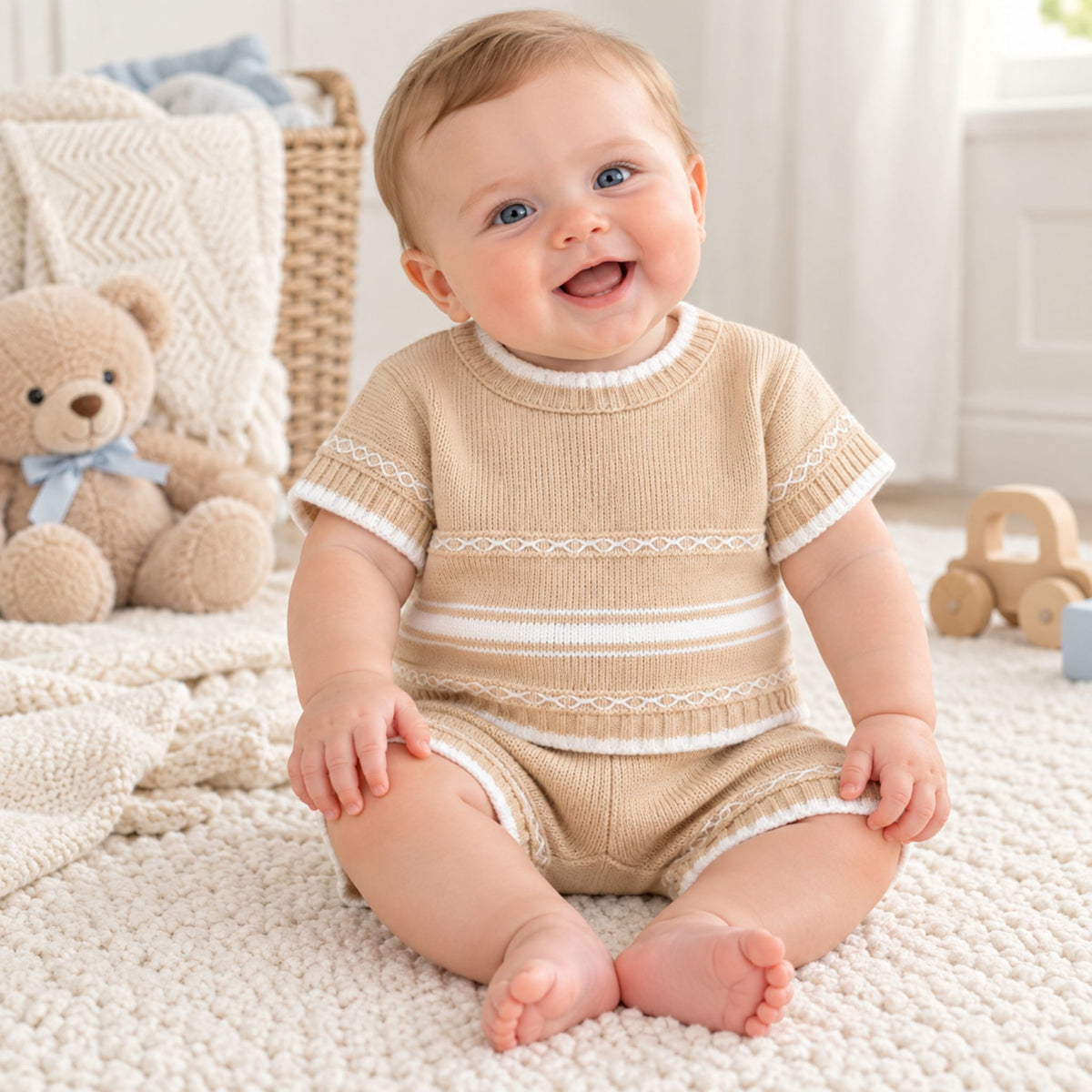 baby boy 2 piece beige knitted outfit by little nosh