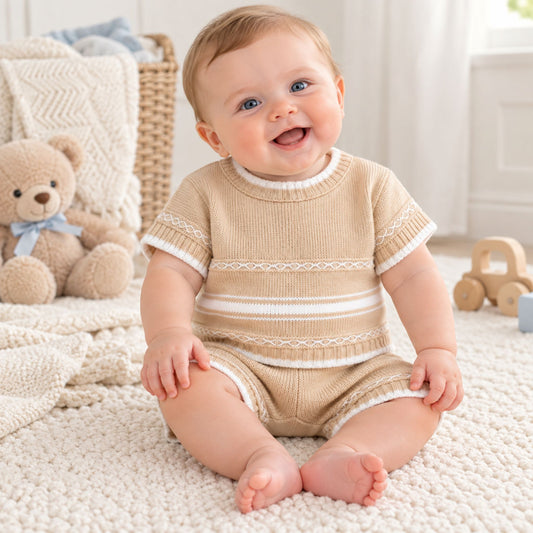 baby boy 2 piece beige knitted outfit by little nosh