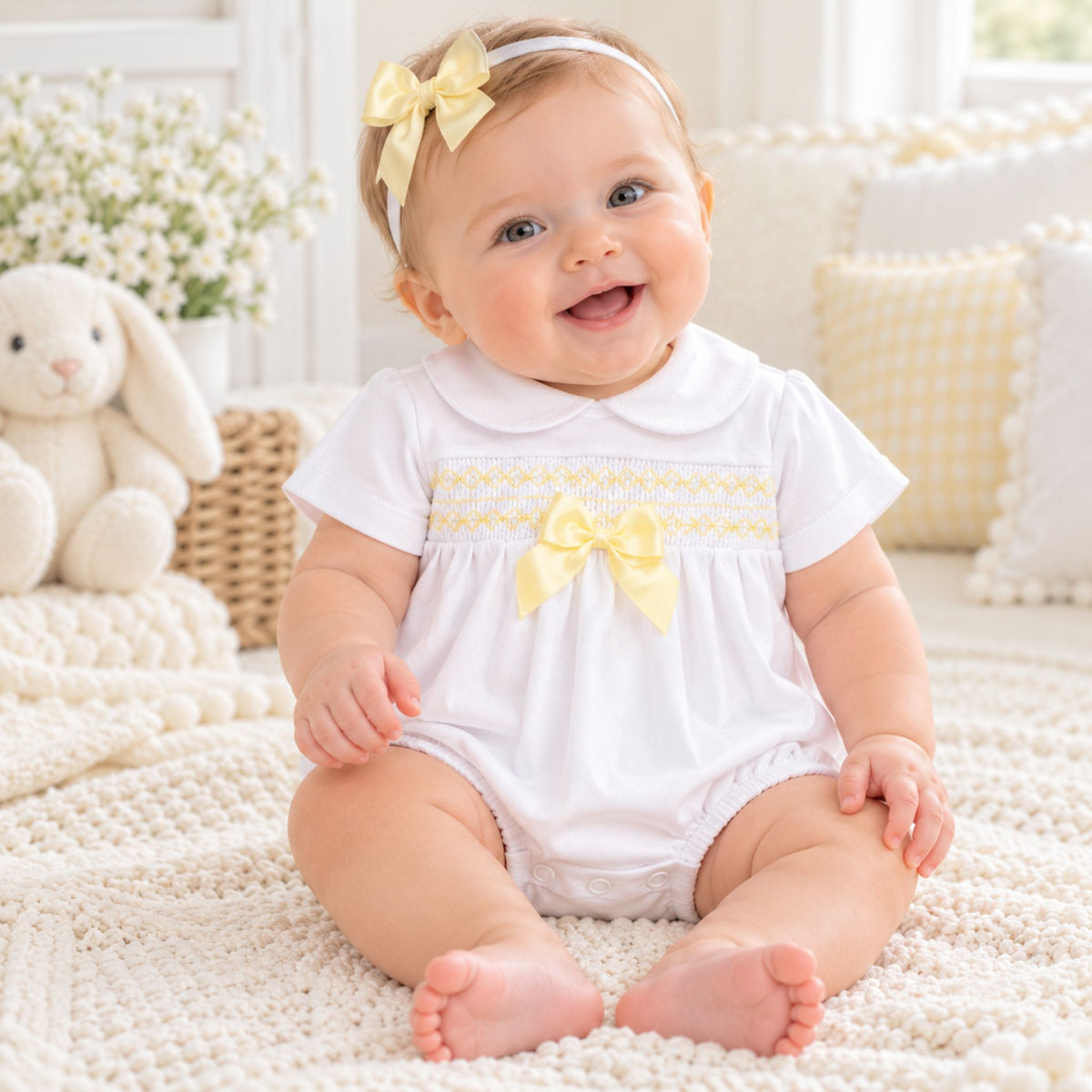 A smiling baby girl sitting on a cream knit blanket, wearing a white short-sleeve romper with a yellow embroidered band and bow, a matching yellow bow headband, and a white bow tie.