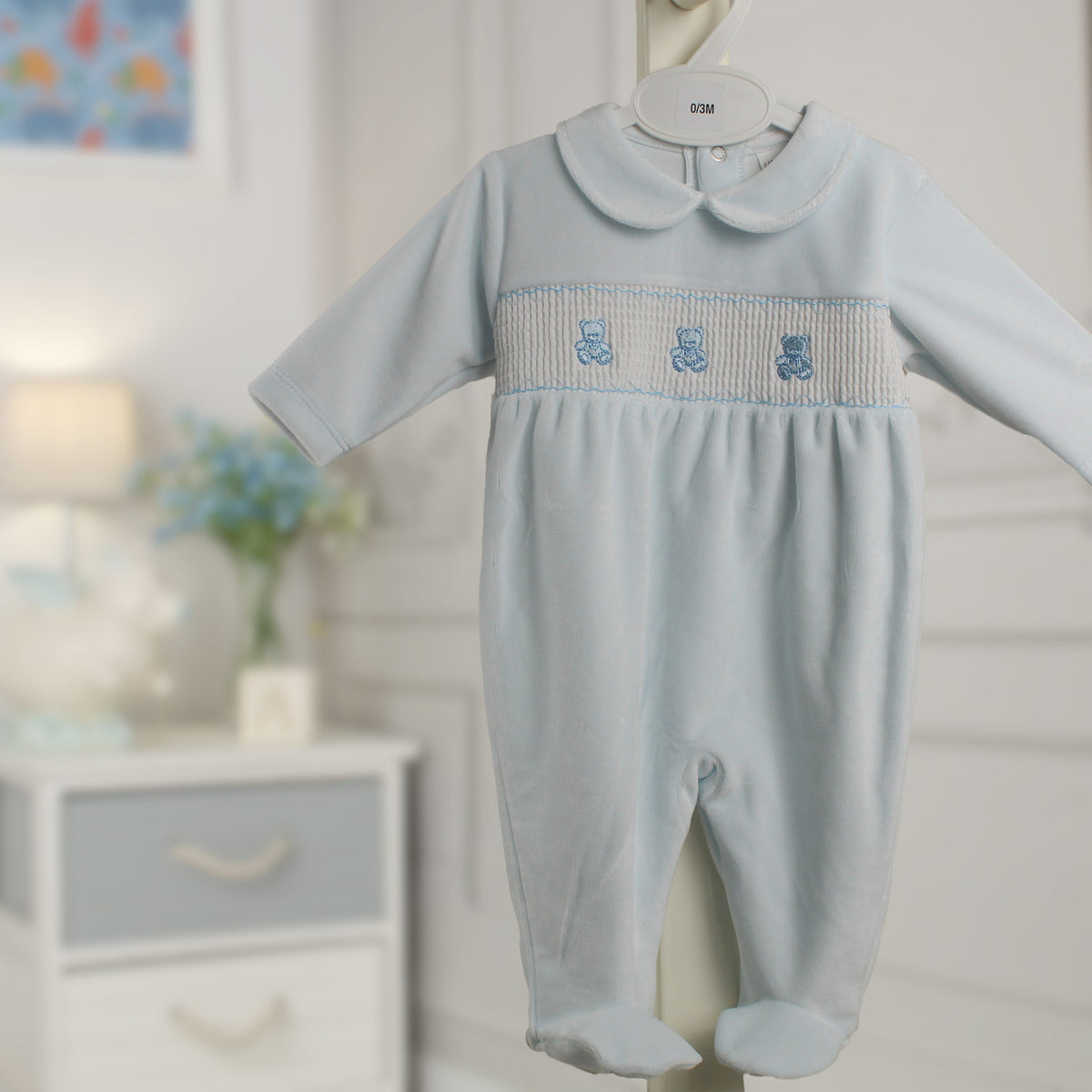 Baby Boys Blue Velour Teddy Bear Sleepsuit – Little Nosh