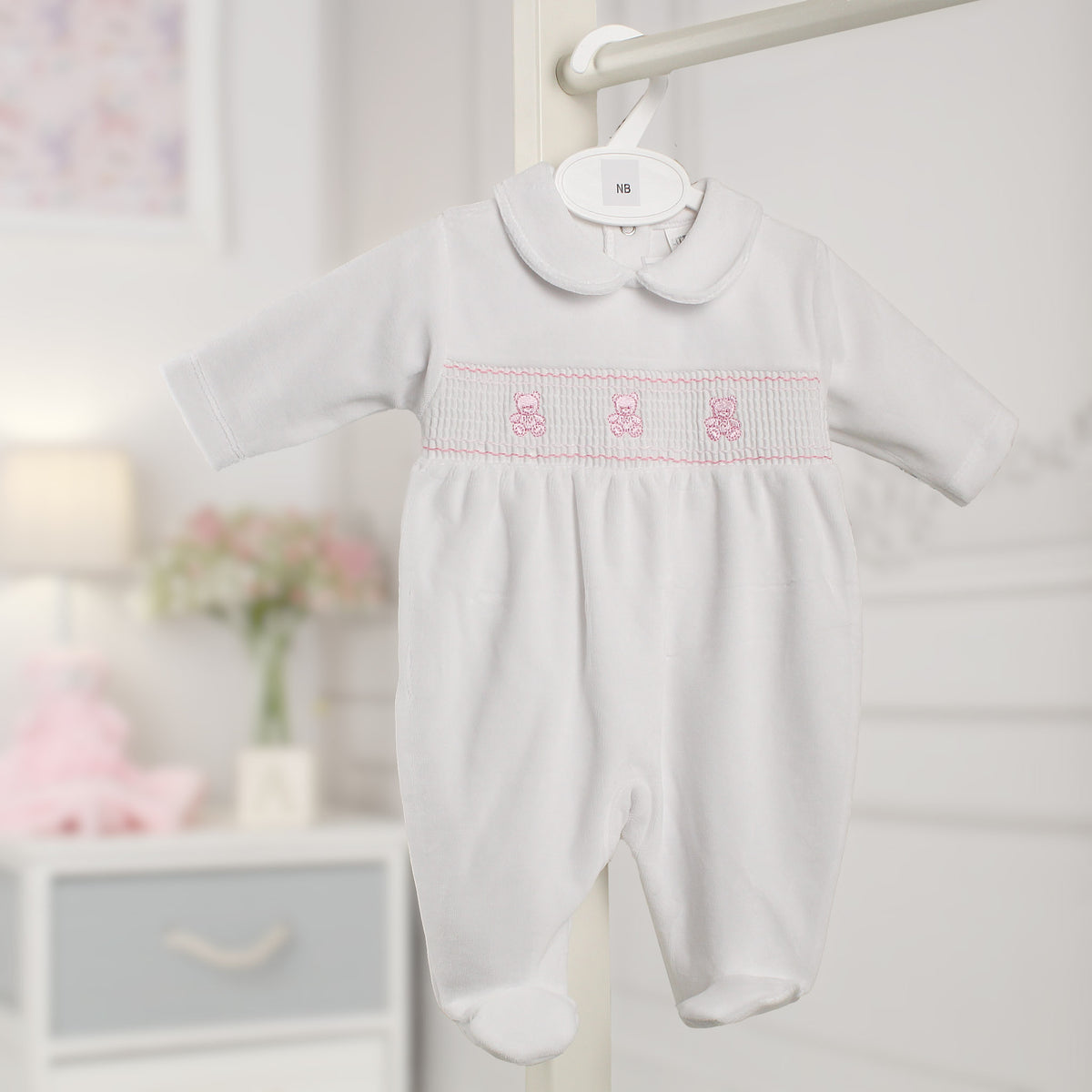 Baby Girls White Velour Teddy Bear Sleepsuit – Little Nosh