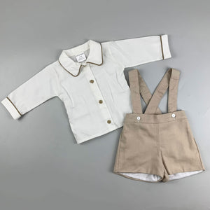 Baby Boys Long Sleeve Shirt & Shorts with Braces - Beige