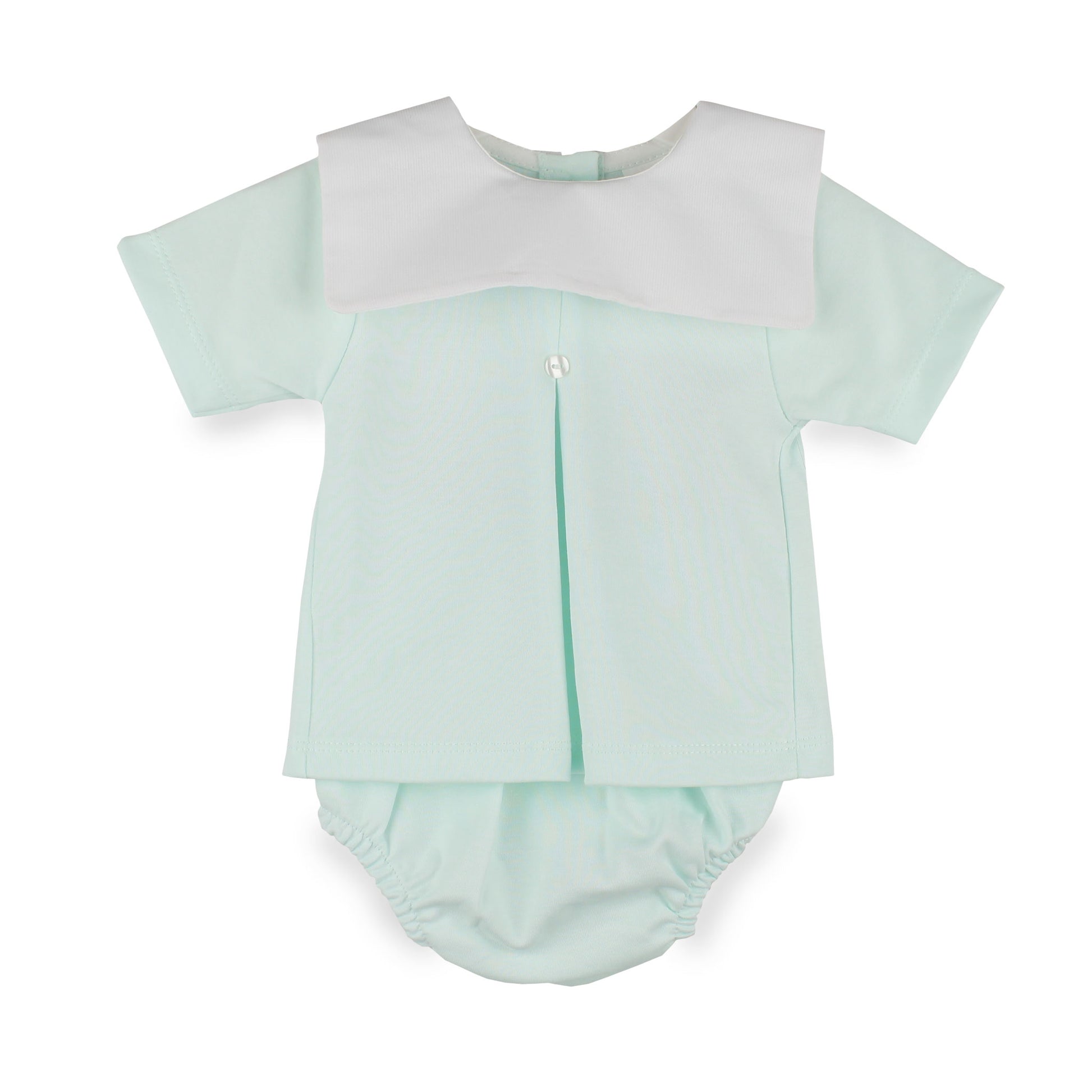 Baby boys mint green two-piece outfit with oversized white collar and matching jam pants, made from 100% cotton in Portugal.