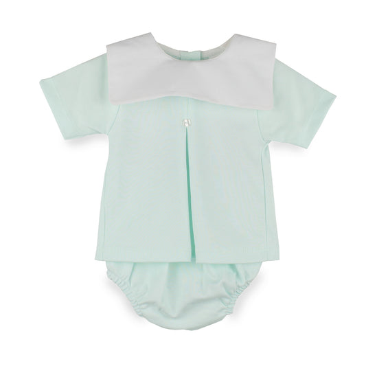 Baby boys mint green two-piece outfit with oversized white collar and matching jam pants, made from 100% cotton in Portugal.