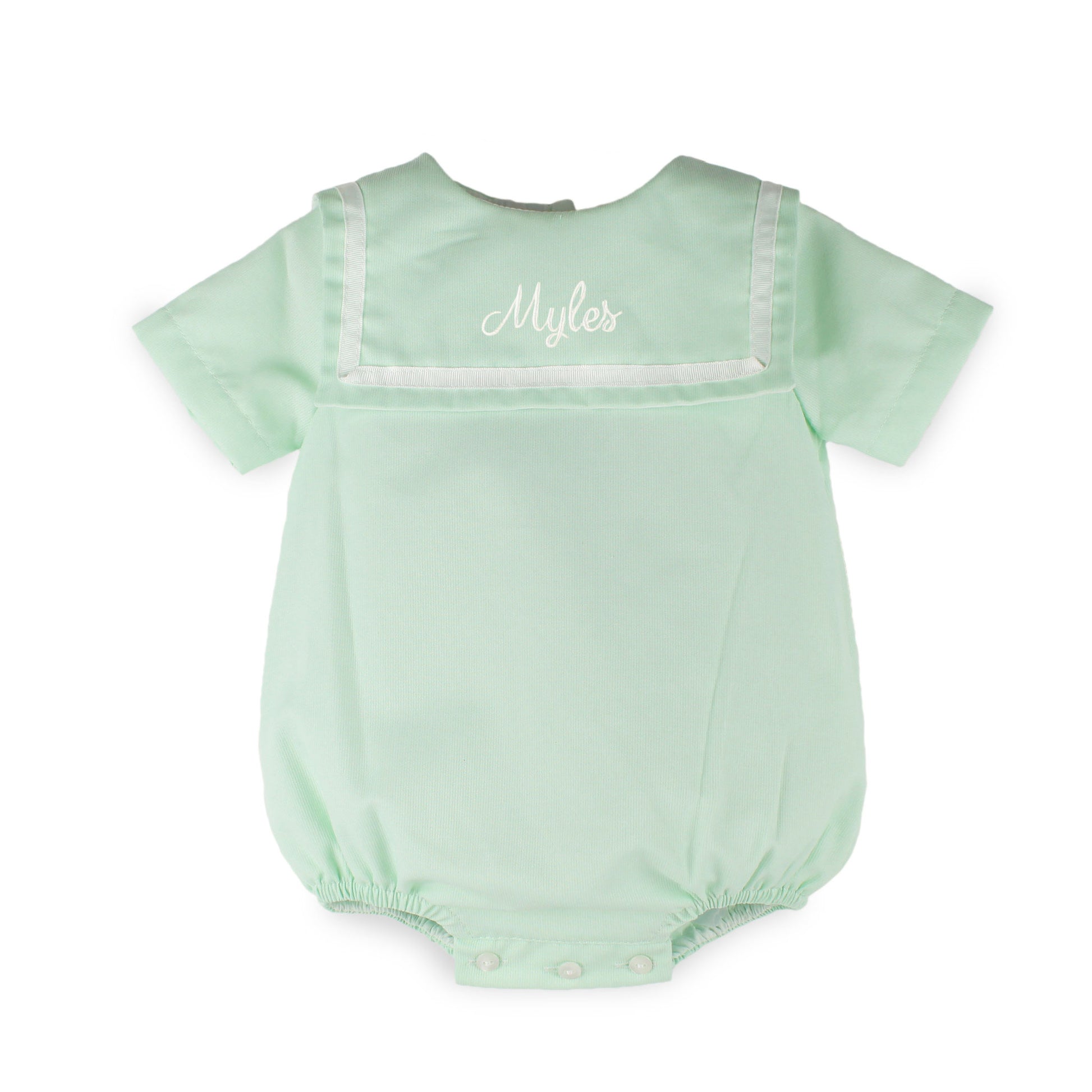 personalised baby boy romper in mint green