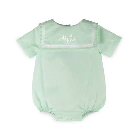 personalised baby boy romper in mint green