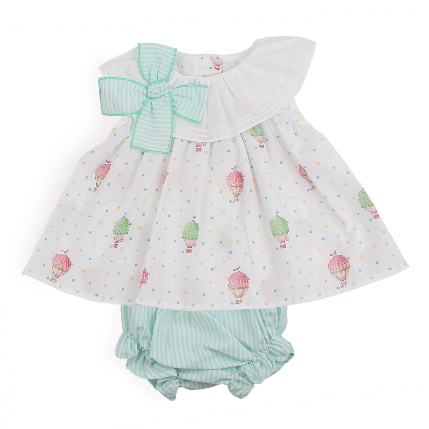 Baby dress with hot air balloon pattern and matching bloomers on a white background