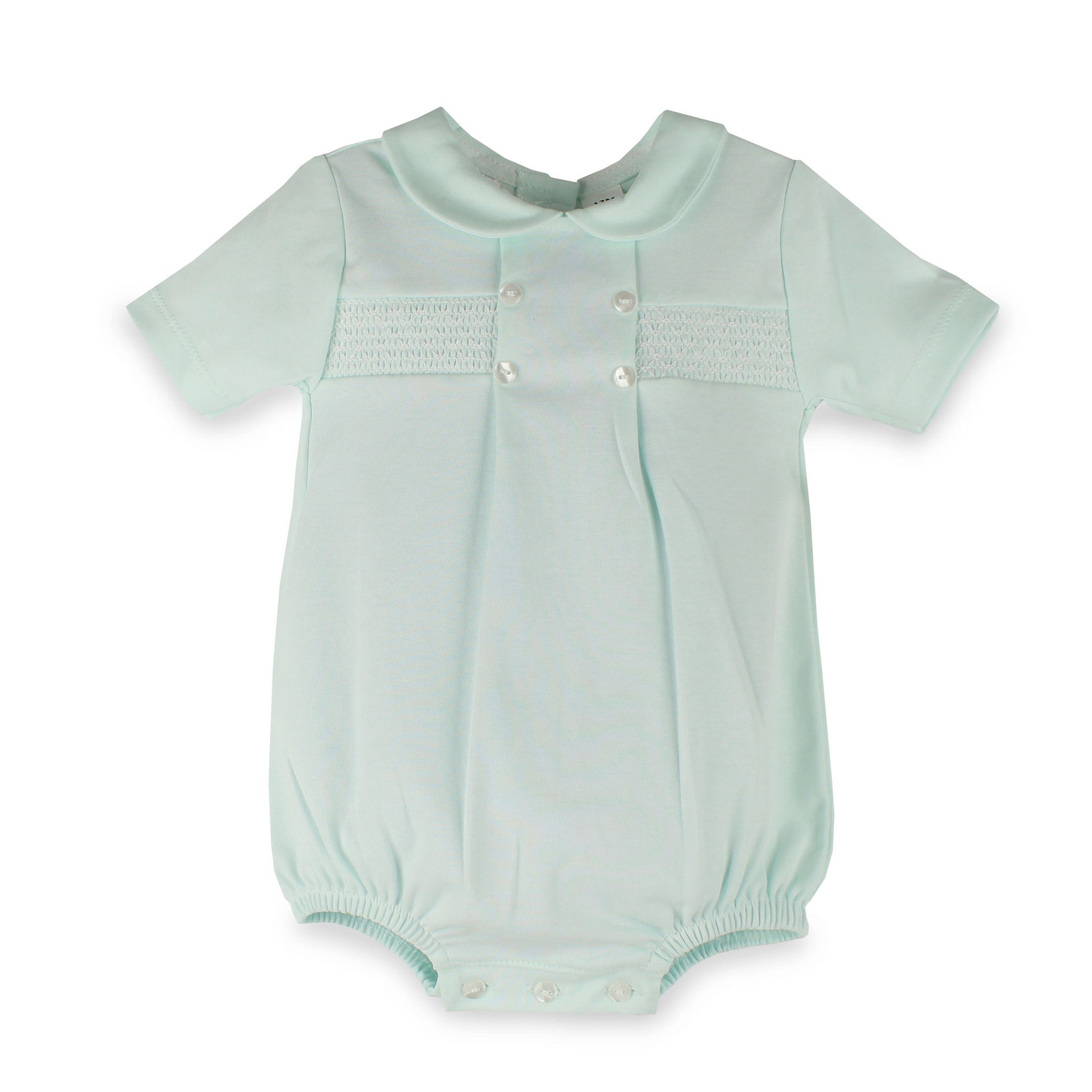 A baby short-sleeve smocked bodysuit in pale mint green, featuring a Peter Pan collar, decorative smocked chest panel with snap buttons, and snap closures at the crotch.