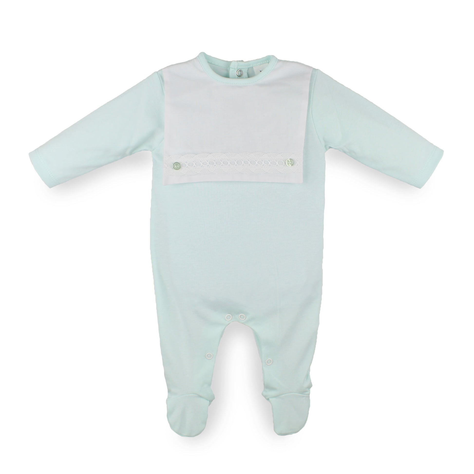 Baby boys mint footed sleepsuit with a white bib front, lace trim and decorative buttons, made from 100% cotton in Portugal.
