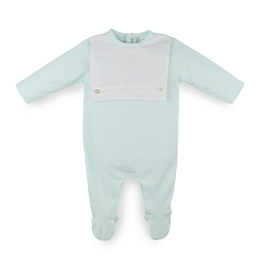 Baby boys mint footed sleepsuit with a white bib front, lace trim and decorative buttons, made from 100% cotton in Portugal.