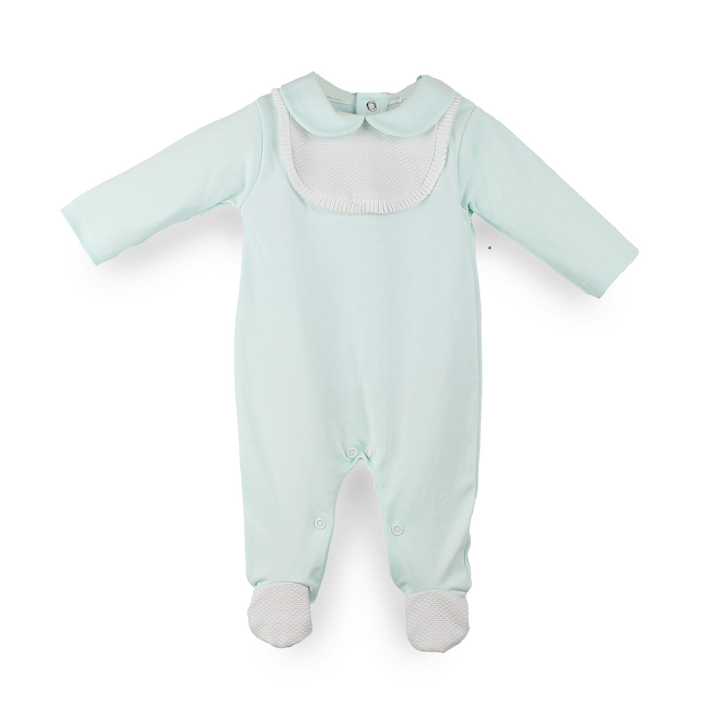Mint green 100% cotton baby sleepsuit with white bib detail and Peter Pan collar, made in Portugal.
