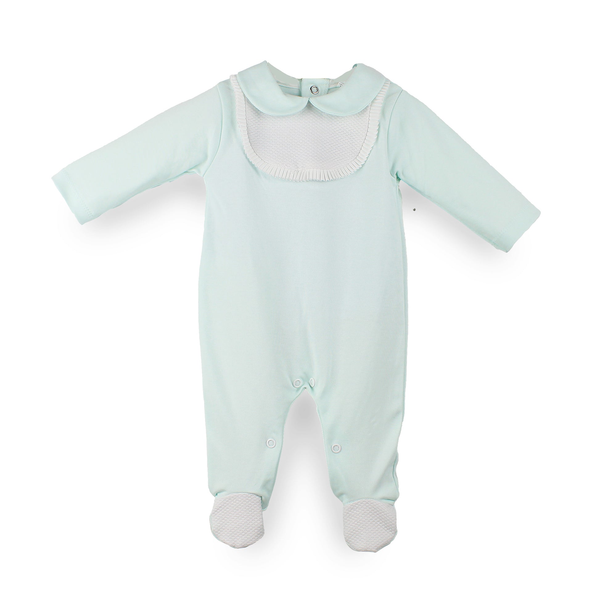 Mint green 100% cotton baby sleepsuit with white bib detail and Peter Pan collar, made in Portugal.