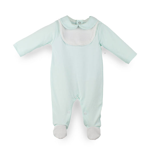 Mint green 100% cotton baby sleepsuit with white bib detail and Peter Pan collar, made in Portugal.
