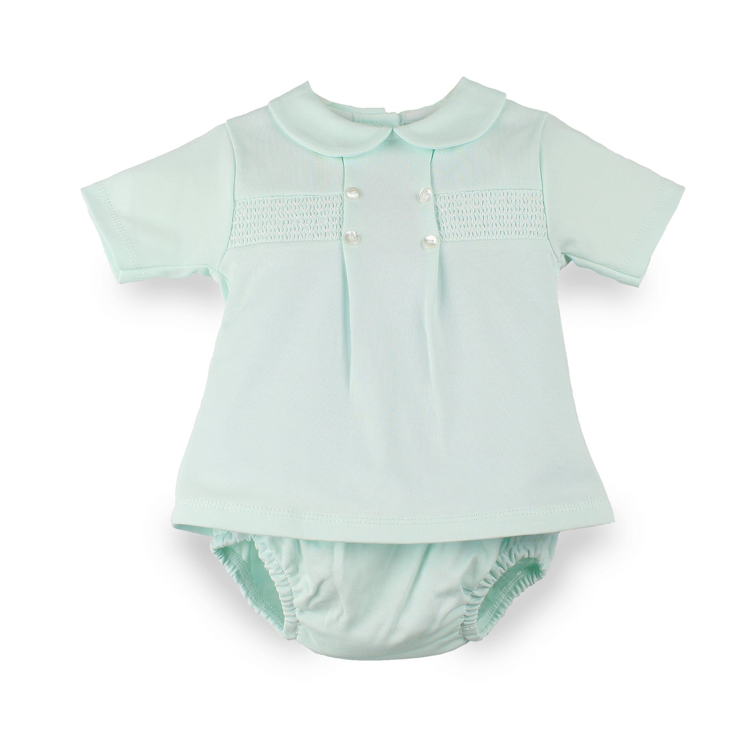A baby boys short-sleeve smocked top and matching pants set in a pale mint green color, displayed flat against a white background.