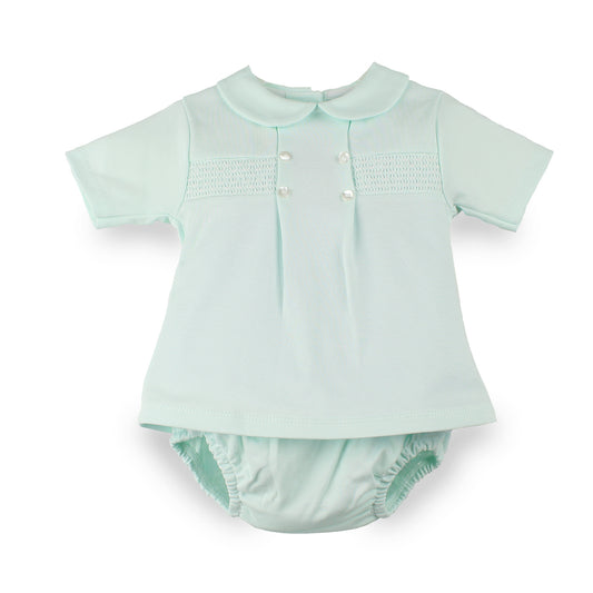 A baby boys short-sleeve smocked top and matching pants set in a pale mint green color, displayed flat against a white background.