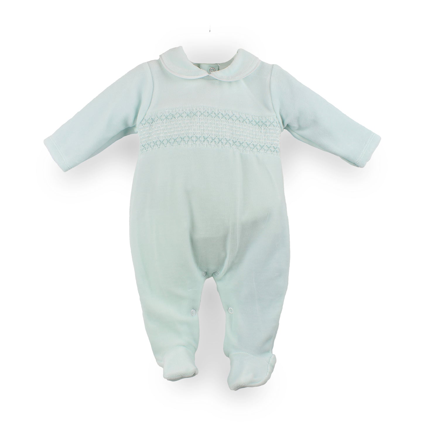 mint velour baby sleepsuit with smocking