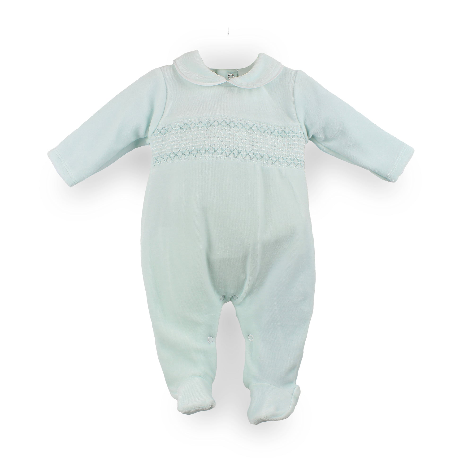 mint velour baby sleepsuit with smocking