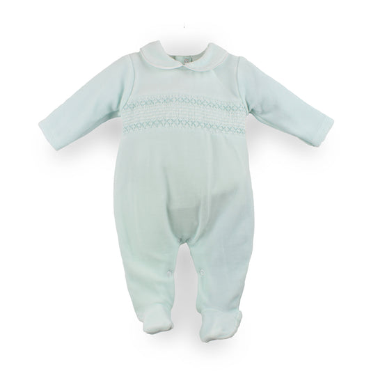 mint velour baby sleepsuit with smocking
