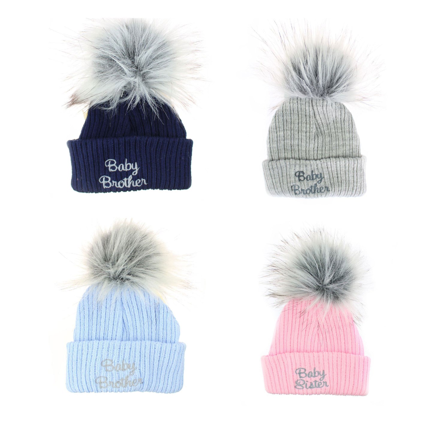 Baby Brother / Baby Sister Pom Hat –  Baby Hat (Newborn & 0–6 Months)