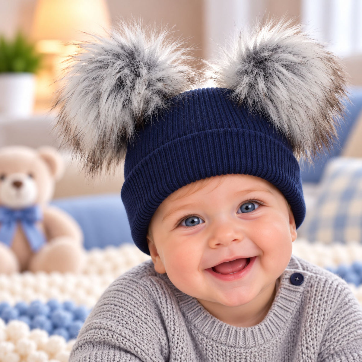 Baby Knitted Double Pom Pom Hat with Grey Faux Fur Poms (6–12 Months)