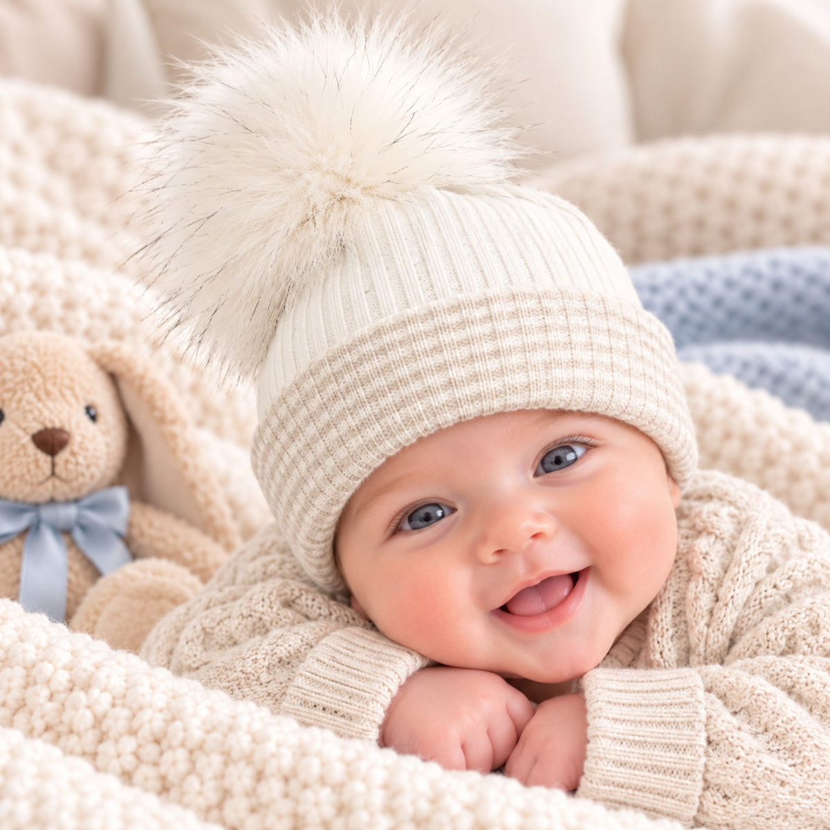 A smiling baby wearing a cream ribbed knit beanie with a large fluffy pom-pom, nestled in a cozy cream knit blanket next to a teddy bear.