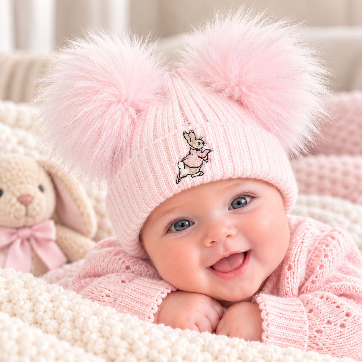 A smiling baby wearing a light pink knit beanie with two large fluffy pom-poms and a small bunny embroidery  lying on a cream knit blanket next to a stuffed bunny.