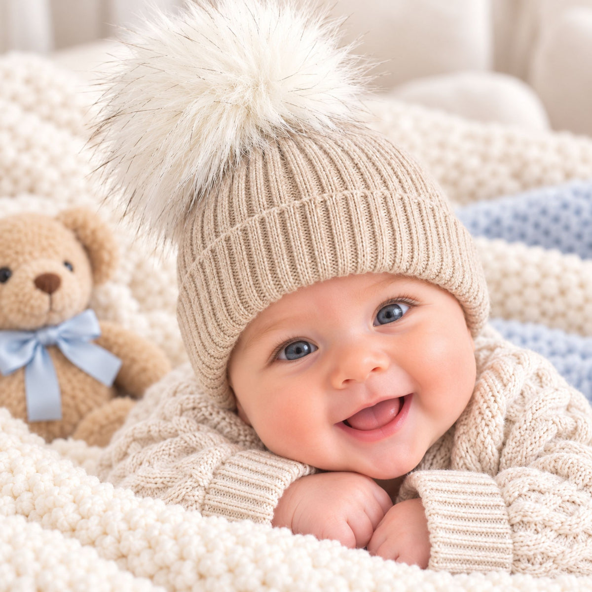 Beige Pom Pom Baby Hat with White Faux Fur Pom