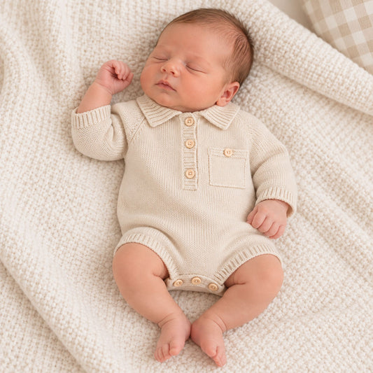 PEX Baby Boys Beige Knitted Romper with Collar & Button Pocket Detail