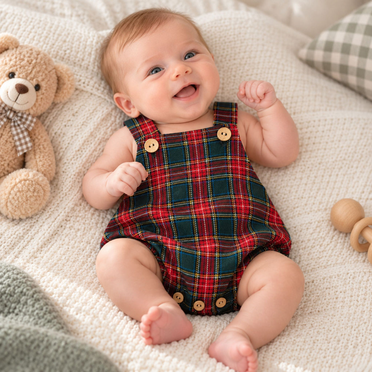 A baby lying on a cream knit blanket wearing a red, green, and yellow plaid romper with wooden buttons. A beige teddy bear toy is on the left, and a wooden pacifier is on the right.