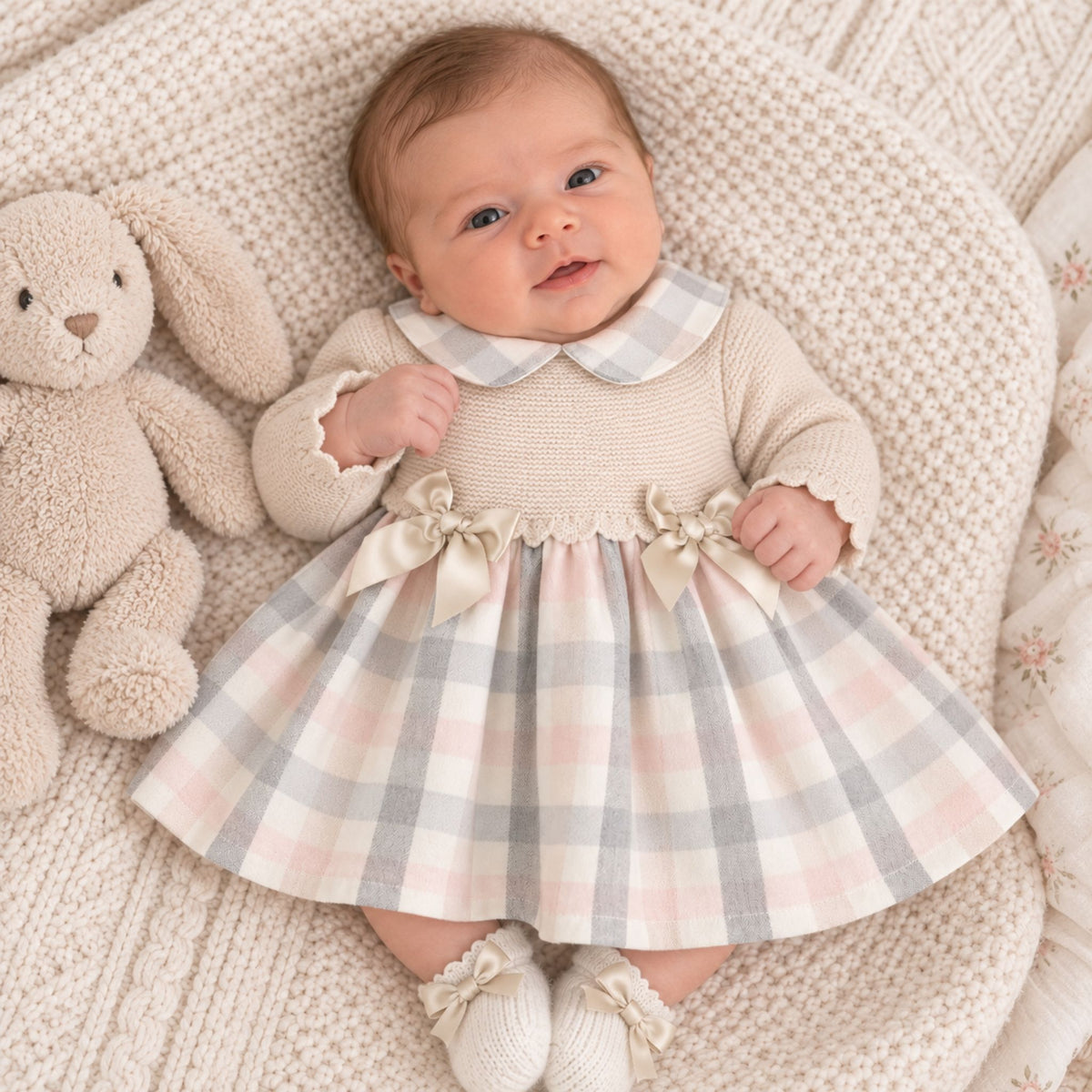 A baby lying on a cream knit blanket next to a plush bunny doll, wearing a cream knit top with a gray and white plaid Peter Pan collar and a matching plaid skirt with bow details.