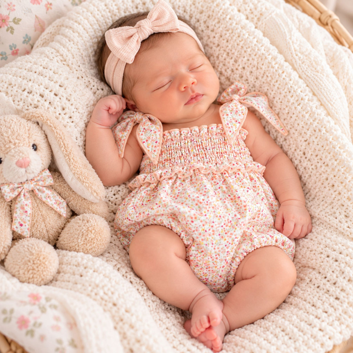newborn baby girl in floral romper by calamaro