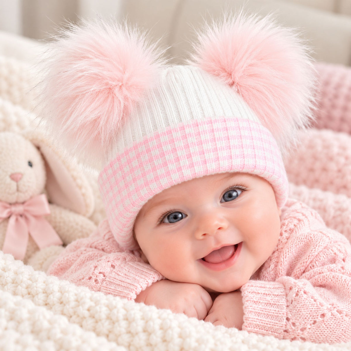 A smiling baby wearing a white and pink gingham knit beanie with two large fluffy pink pompoms, lying on a soft pink blanket next to a stuffed bunny.