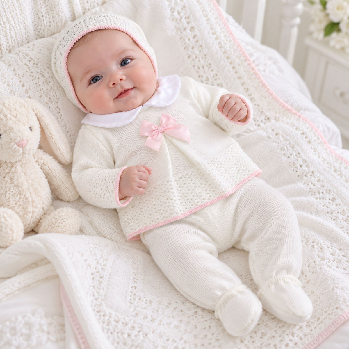 newborn baby girl in white knitted outfit