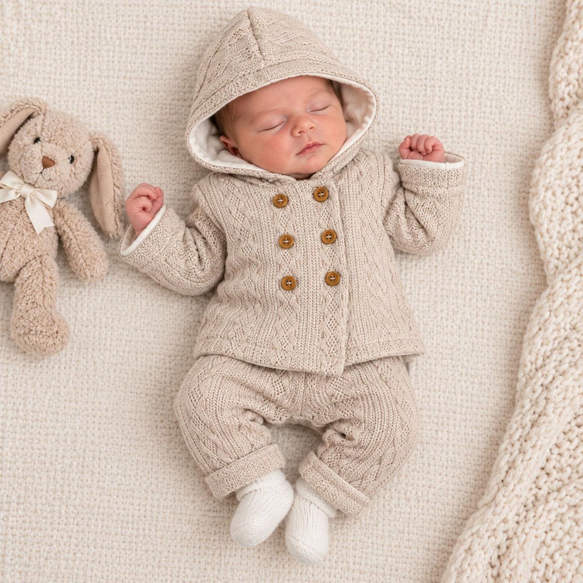 A sleeping newborn baby wearing a beige cable-knit hooded jacket and matching pants with white booties, lying on a textured cream blanket next to a plush bunny toy.