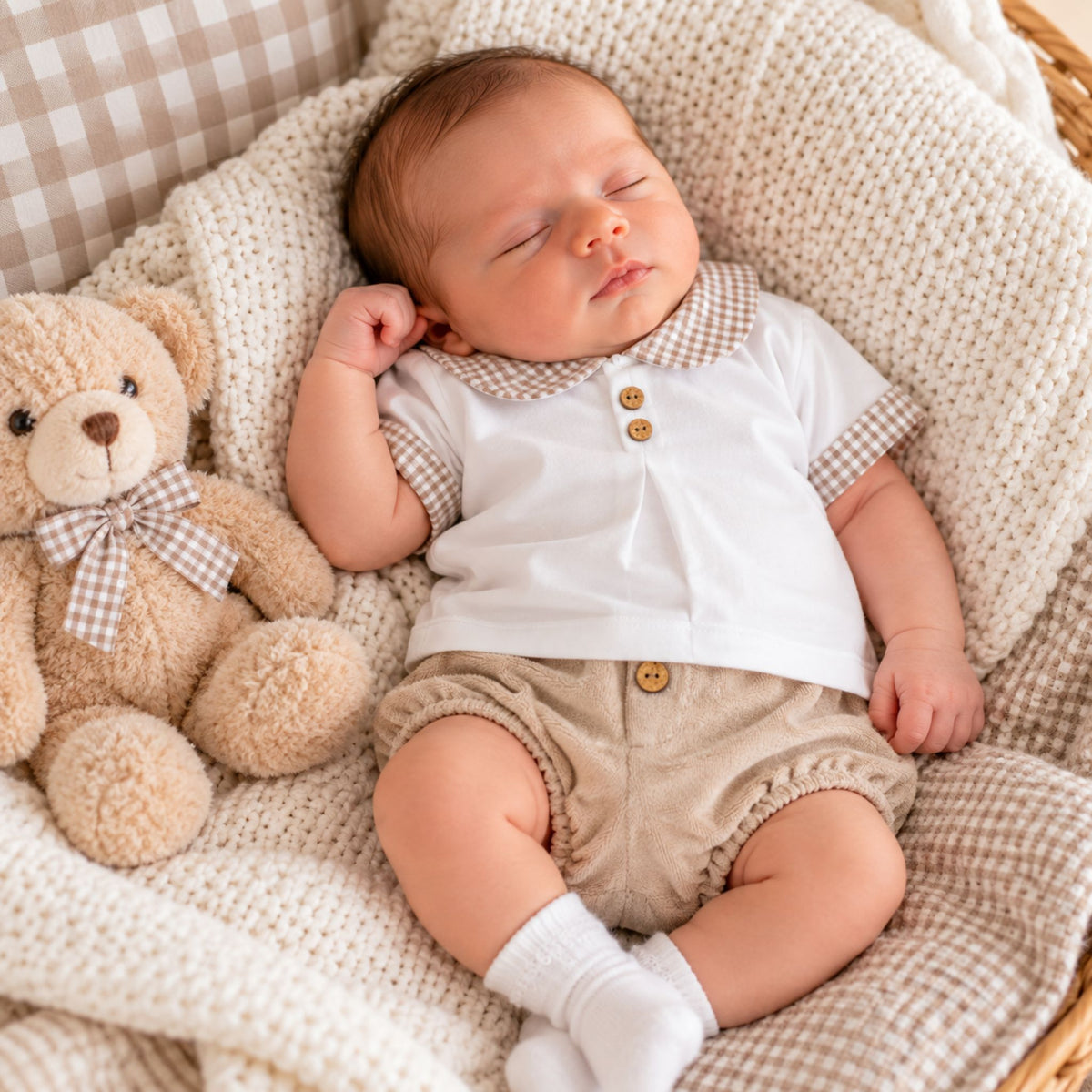 newborn boy in beige shorts with white shirt with beige collar by calamaro