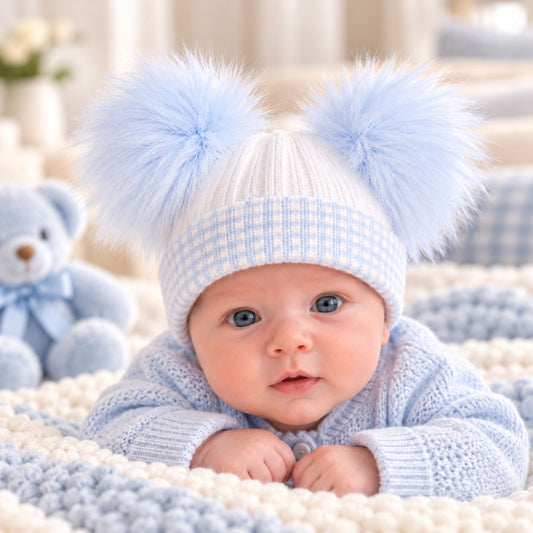 White & Blue Double Pom Pom Newborn Baby Hat