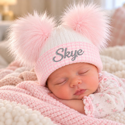 Personalised White & Pink Double Pom Newborn Baby Hat