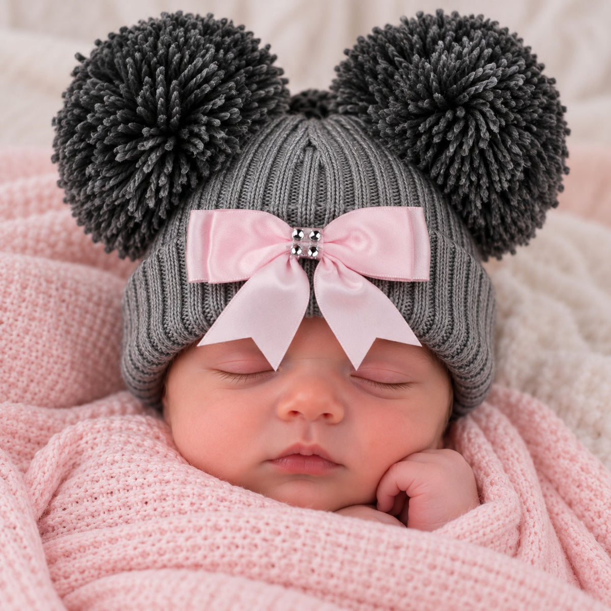 A sleeping newborn baby wearing a gray knit beanie with two dark gray pom-poms and a light pink bow, wrapped in a pink blanket.