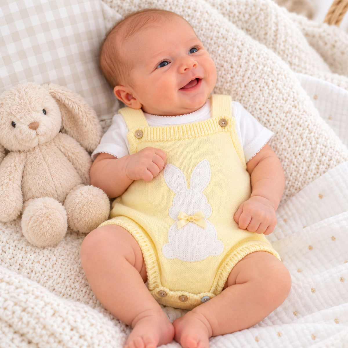 A baby wearing a pale yellow knit overalls romper with a white bunny applique, lying on a cream knit blanket next to a beige stuffed bunny.
